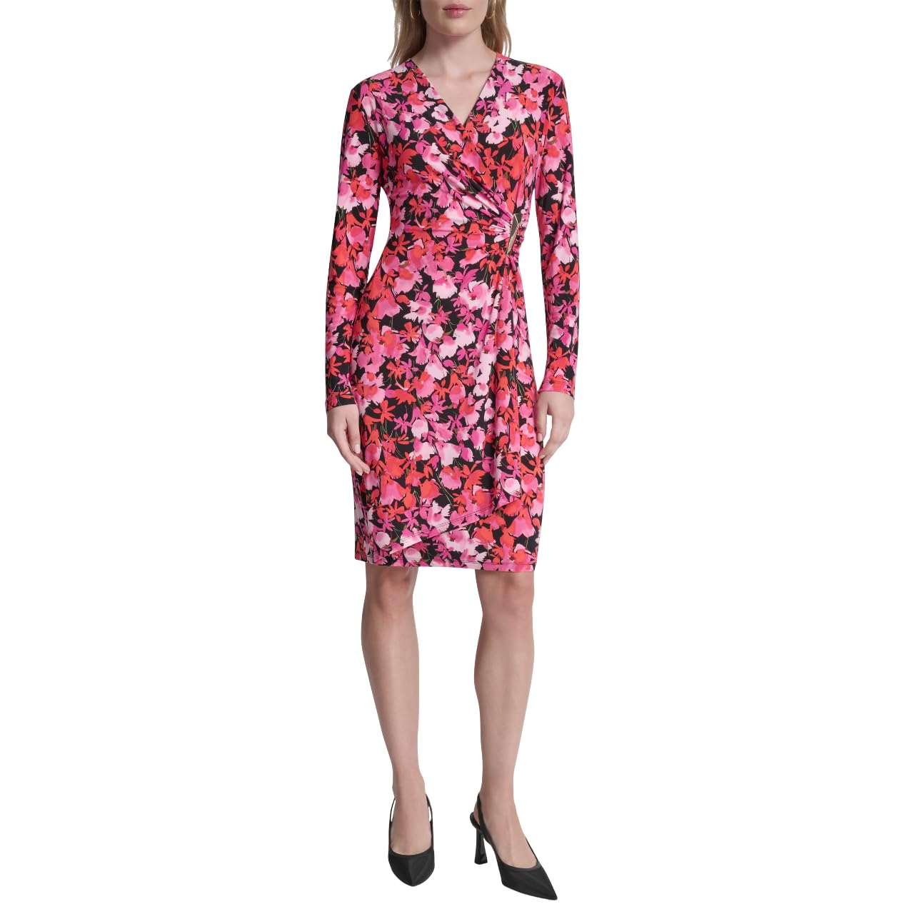 DKNY Women’s Long Sleeve Surplice Neck Sheath Dress, Dahlia Multi, 14