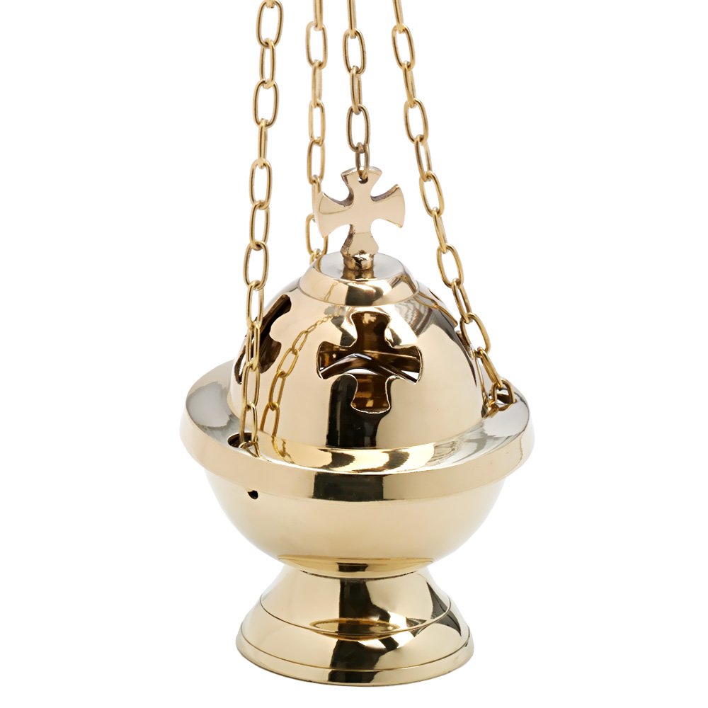 NKlaus censer with cross chain 80cm brass incense burner deco gold 7601