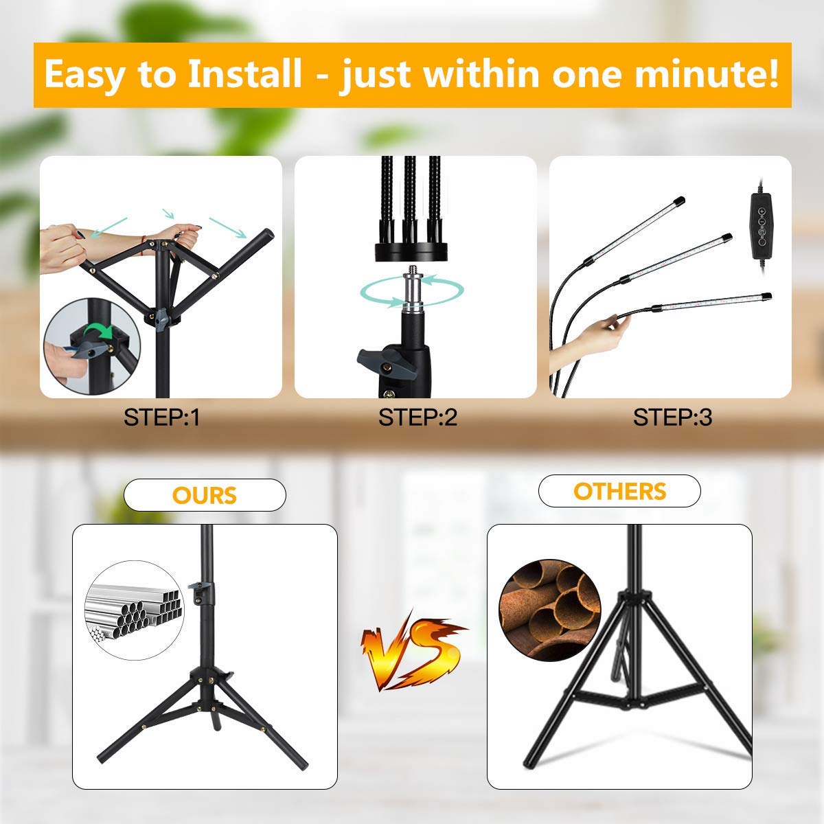 GooingTop Grow Light Floor Lamp,6000K 60W White Full Spectrum Plant Growing Lamp for Indoor Home Office Plants,5-Level Lighting Brightness,Timer 4 8 12 Hrs, Height Extendable 14-47''