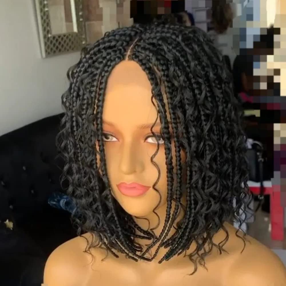 Photo 1 of Knotless Boho Braids Wig for Black Women Heat Soft Synthetic Short Bob Box Braided Wig Half Curly Half Braided Wig African Crochet Braids Wigs (12 inches, New Middle Black)