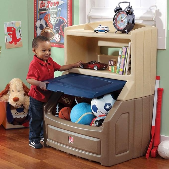 Amazon Com Step2 Lift And Hide Bookcase Storage Chest For Kids Durable Plastic Toy Box Bookshelf Organizer Tan Blue Baby