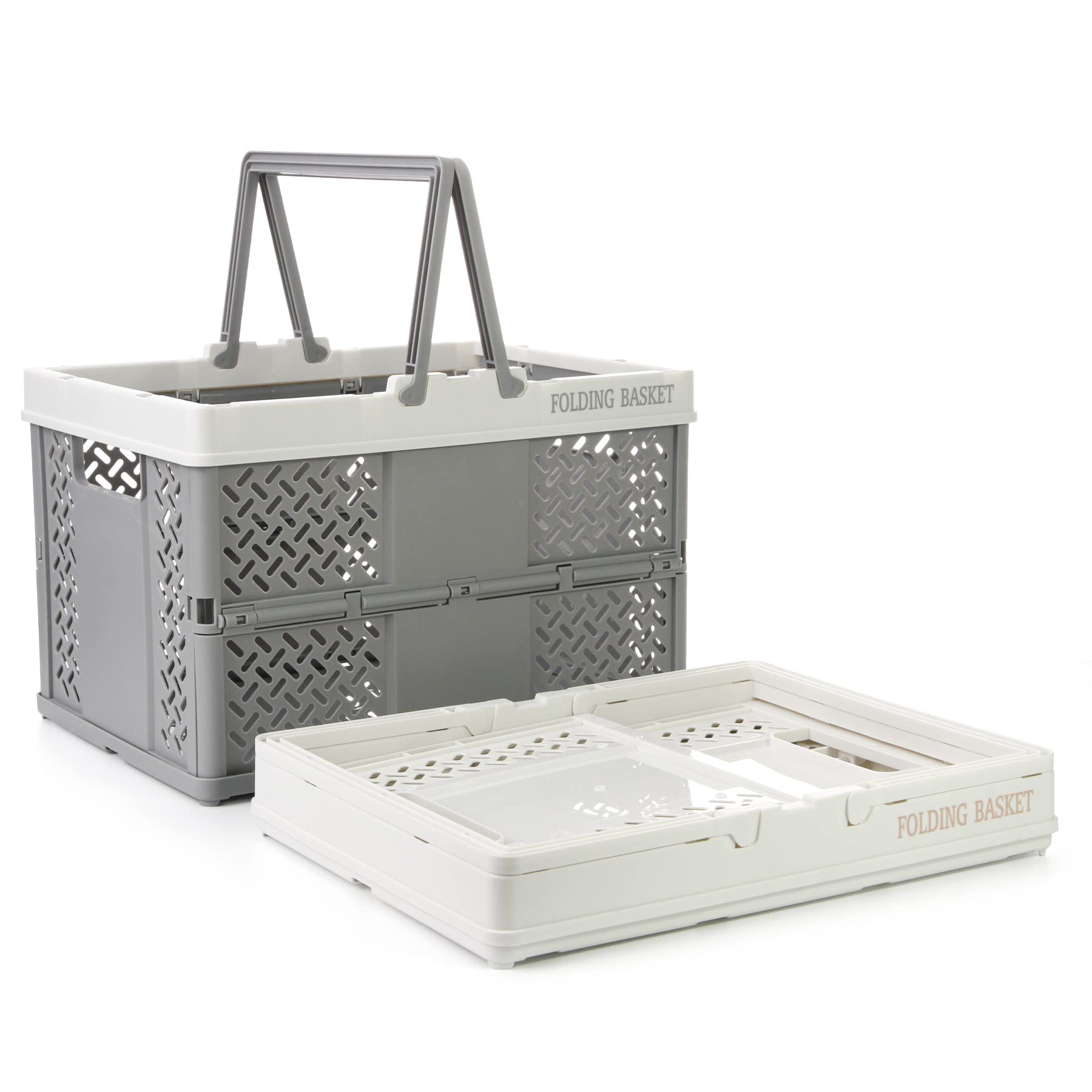 Spesh 2 Pcs Collapsible Storage Crates 31cm*22cm Mini Foldable Kid Shopping Baskets with Handles Small Plastic Crates for Picnic,Shopping,Camping(White+Whitegrey)