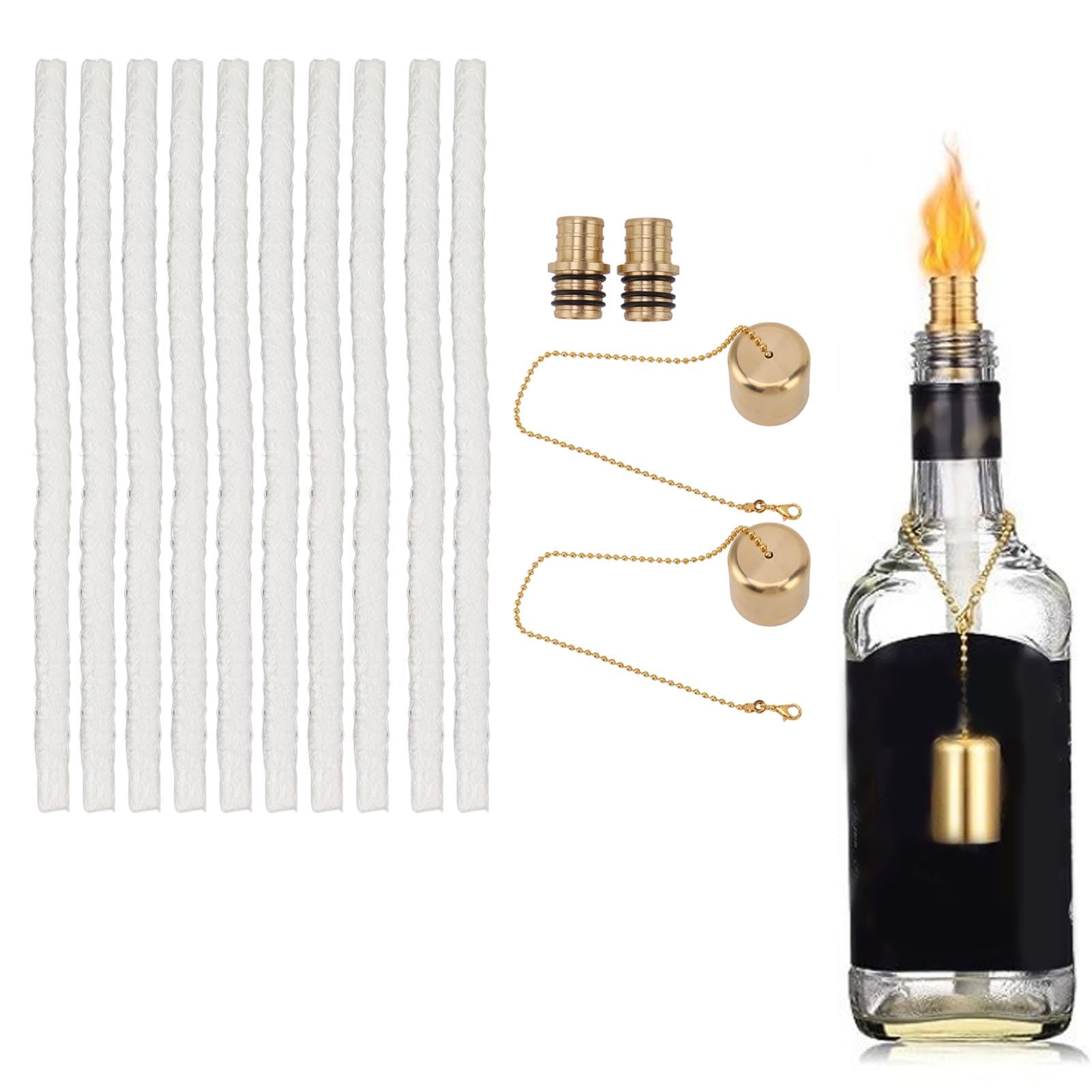 14 Pieces Wine Bottle Torch Wicks Kit, Outdoor Patio Backyard Torches Lights, 10 Brass Torch Wick Holder with Washer for DIY Homemade Torch Decor