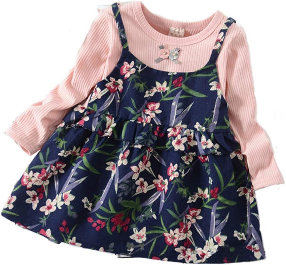Girl’s Cotton Floral Long Sleeve Princess Dress Baby Formal Outfits Clothes Sets