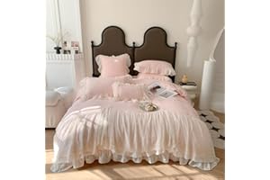 IHOUSTRIY Lace Duvet Cover Twin Size, Chiffon Ruffled Beddding Set with Flower, 2 Pieces Comforter Cover Set with Zipper Closure, Girl Princess Bedding with Pillowcase - Pink, Twin