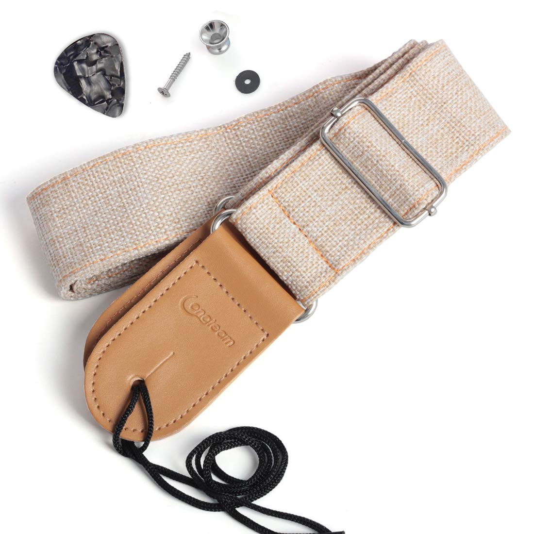 Longteam Simple Linen Leather Guitar Strap Adjustable Length Durable Electric Guitar Bass Straps with Nail, Rope, Picks (Beige)