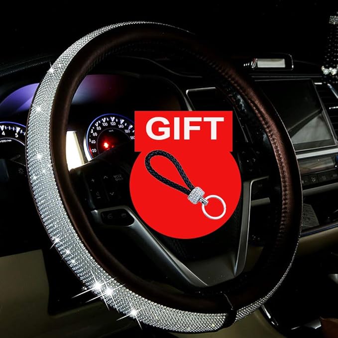 MLOVESIE Leather Steering Wheel Cover with Crystal Bling Bling