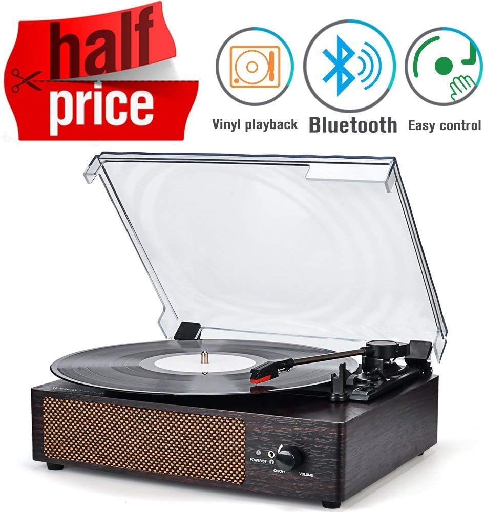 Record Player Portable Bluetooth LP Belt-Drive 7-Speed Turntable with Built in Stereo Speakers, Vintage Style Vinyl Record Player (Vintage Style-Brown)