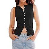 Fuimsul Women Button Down Ribbed Knit Tank Top Summer Slim Fit Sleeveless Round Neck Button Up Tank Vest Streetwear