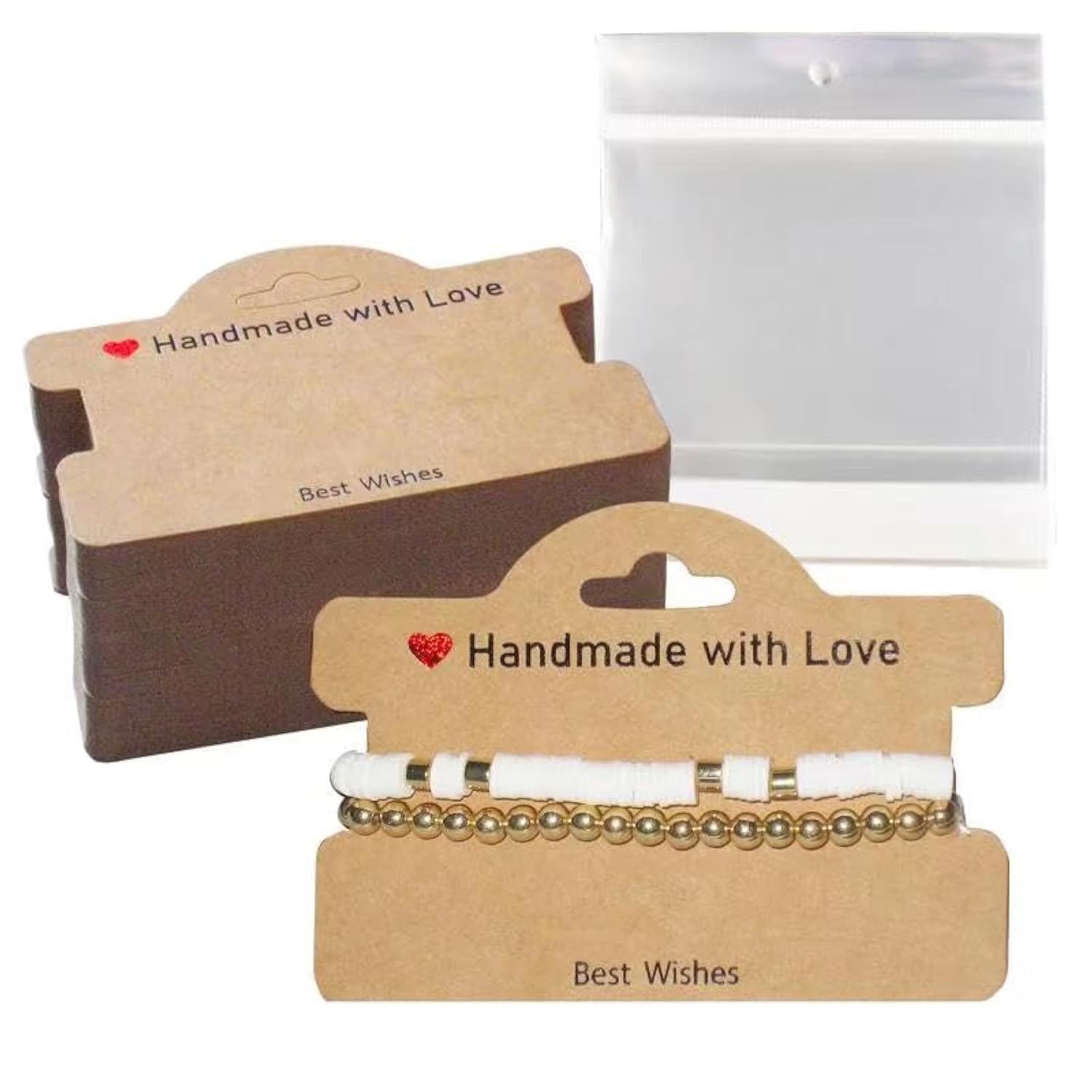 Photo 1 of 104 Set Bracelet Packaging for Small Business, Display Cards with Clear Bags, Handmade with Love Hanging Jewelry Cards, Tags, Business Supplies for Selling Necklace, Earrings (Brown)