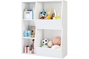 HORSTORS Toy Storage Organizers, Kids Bookcase and Bookshelf, Open Muti-Bins Toy Storage Display Cabinet for Girls & Boys Playroom, Nursery, Classroom, Office, White