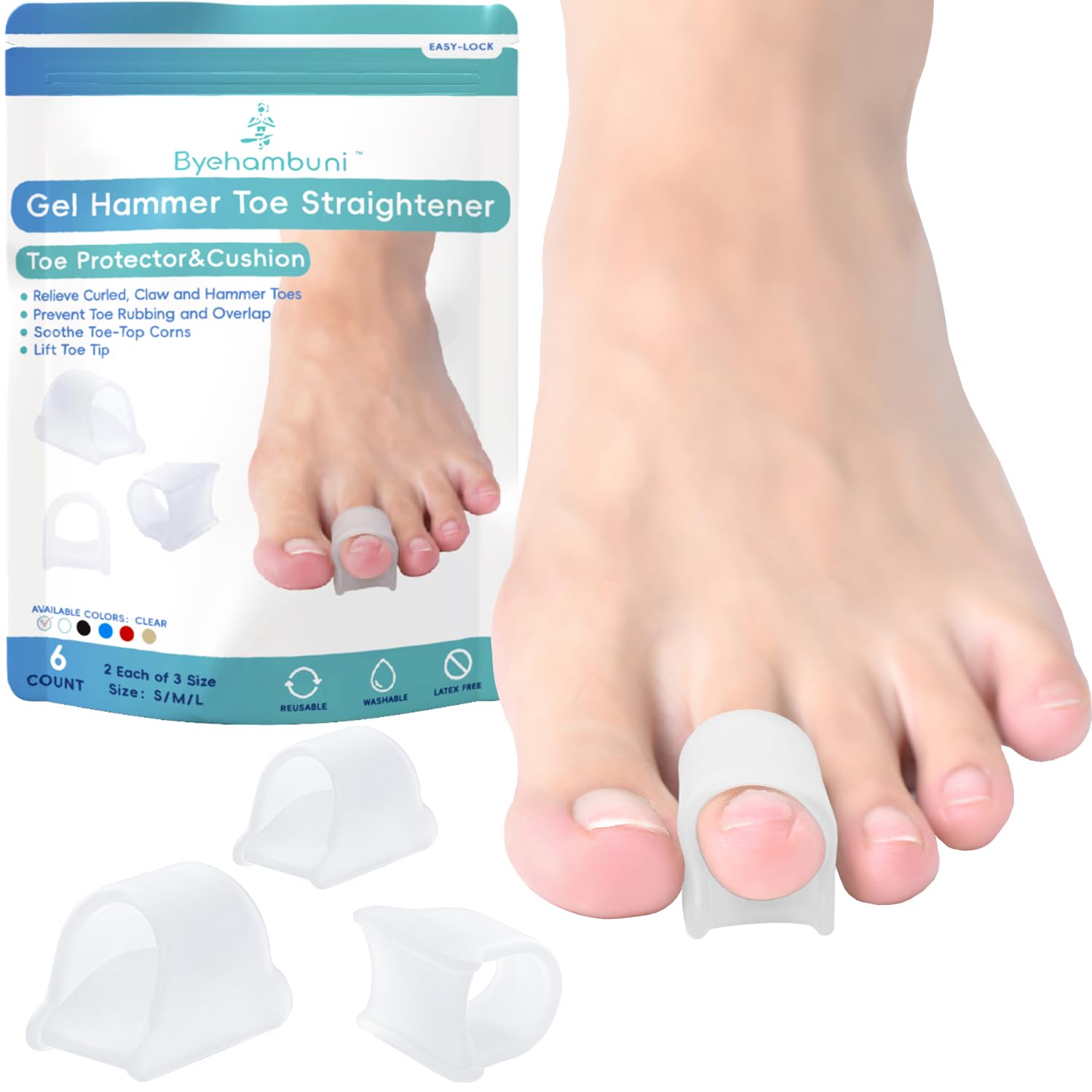 Photo 1 of Byehambuni Hammer Toe Straightener, 6 Pack Hammer Toe Corrector for Women, Gel Toe Splints, for Curled, Crooked, Bent, Claw, Hammertoes, for Women and Men, 3 Different Sizes (Clear)