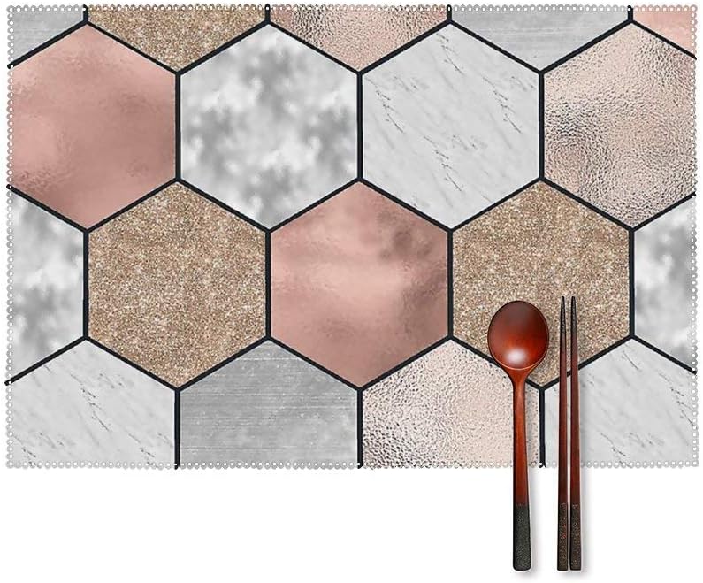 NiYoung Stain Resistant Placemat, Set of 4, Durable Heat Insulation Tablemats, Dining Mat for Kitchen Dining Restaurant, Rose Gold Marble Texture Geometry Pastry Mat, 12x18 inch