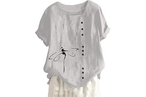 KICILVS Womens Summer Tops Casual Cotton Linen T Shirts Short Sleeve Round Neck Shirt Oversized Floral Graphic Tees