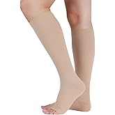 Lin Performance 30-40 mmHg Compression Stockings for Women and Men Knee High Open Toe (Beige,S)