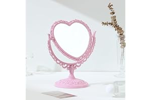 XPXKJ 7Inch Heart Shaped Mirror, 360°Two-Sided Magnifying Aesthetic Mirror, Coquette Room Decor Vanity Mirror for Desk,3X Magnification Bathroom Mirror Bedroom Mirror (Pink Heart Mirror)