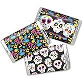 Sugar Skull Day of The Dead, Dia De Los Muertos Halloween Themed Mini Chocolate Candy Bar Sticker Wrappers, 45 1.4