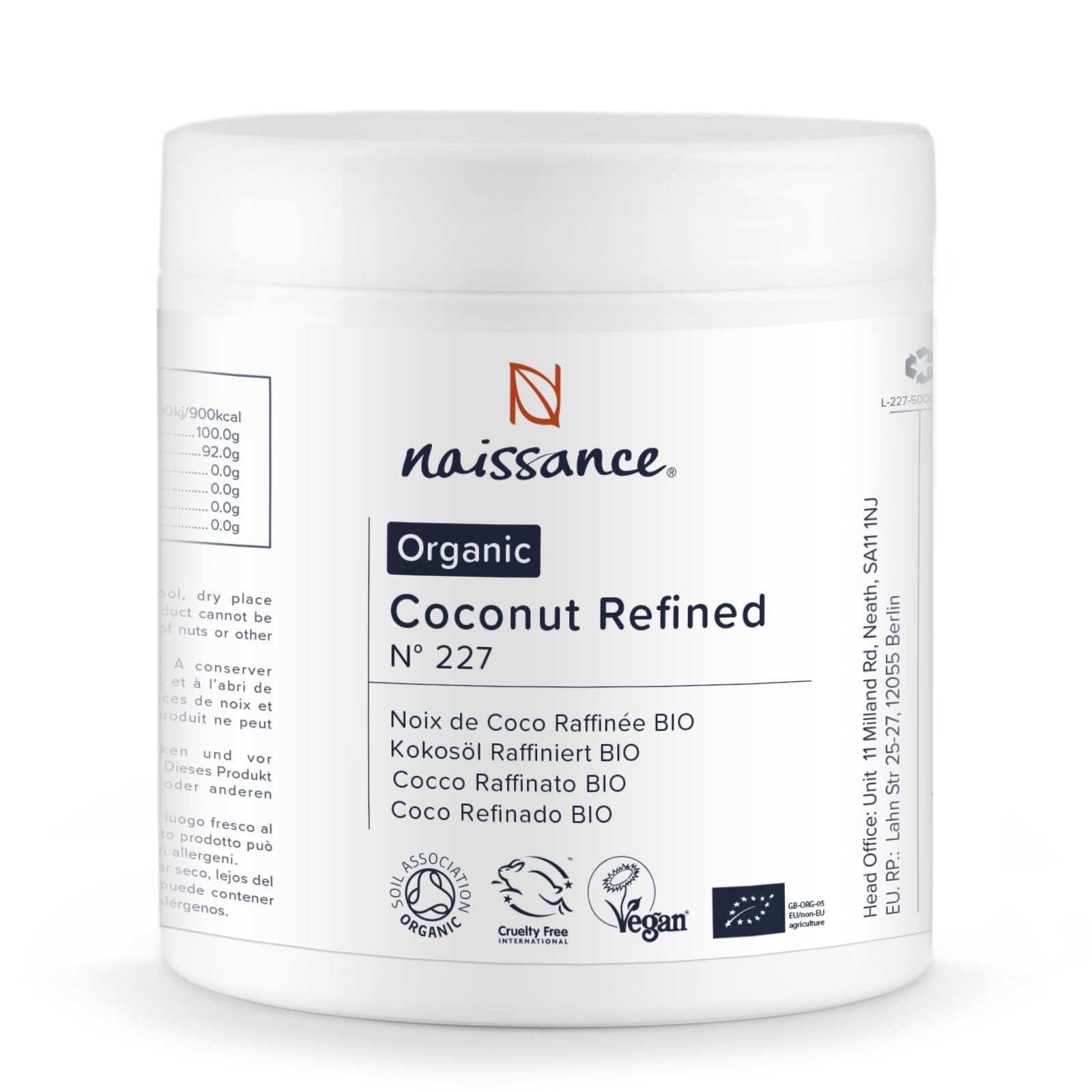Naissance Organic Refined Coconut (Solid) Oil (No. 227) 500g - Moisturising, Hydrating - for Aromatherapy, Skincare, Haircare, DIY Beauty