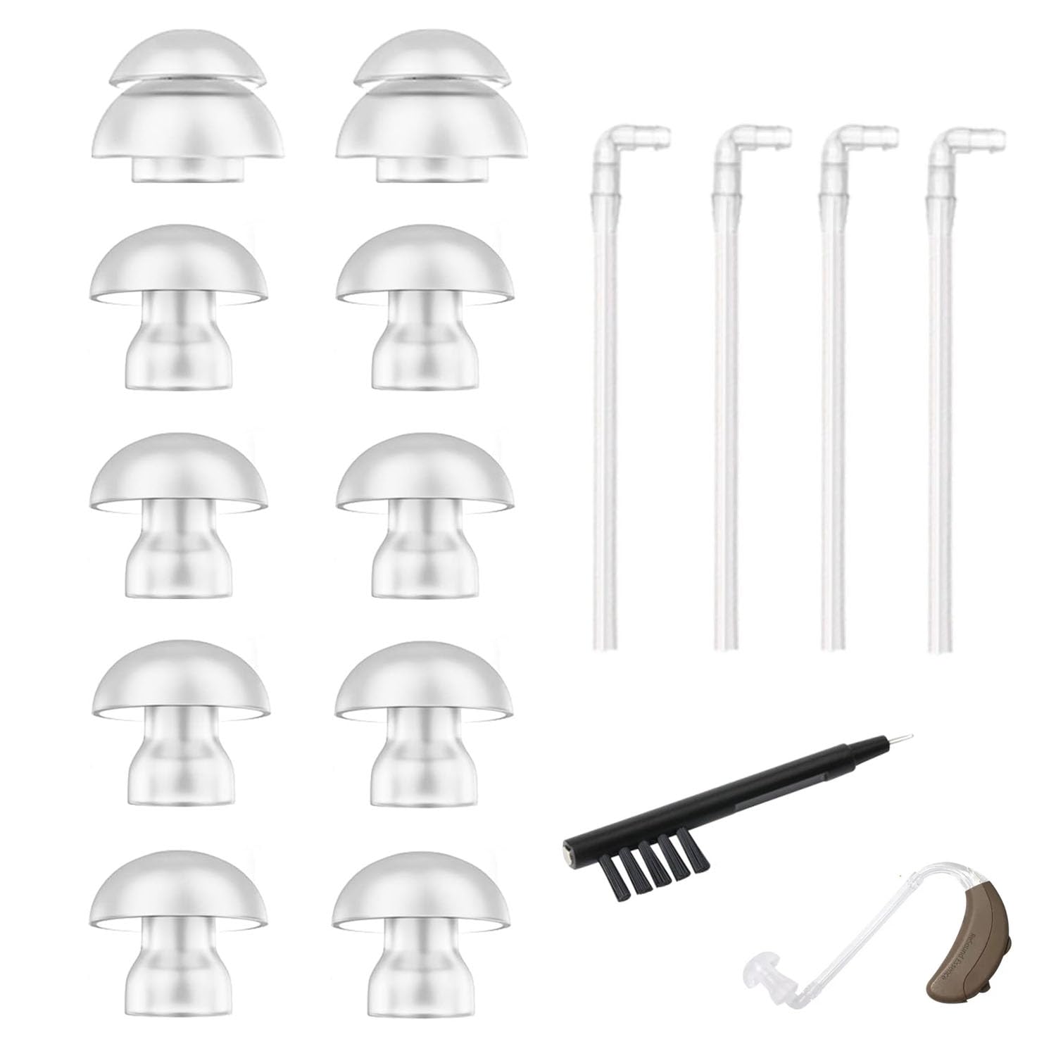 ANBOO 15Pcs Hearing Aid Domes with Tubes, 12mm, 14mm Silicone Hearing Aid Ear Tips Replacement Domes Accessories & Tubes with Cleaning Tool for Most Earphones(8pcs 12mm+2pcs 14mm)