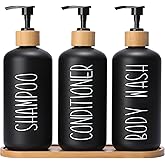 MOMEEMO Black Shower Soap Dispenser Set, Contains 3 Extra-Thick PET Plastic Bottles with Bamboo Pumps, Shampoo Bottles Refillable with Pump Perfect for Guest Room Must Haves. (Black)