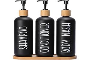 MOMEEMO Black Shower Soap Dispenser Set, Contains 3 Extra-Thick PET Plastic Bottles with Bamboo Pumps, Shampoo Bottles Refill