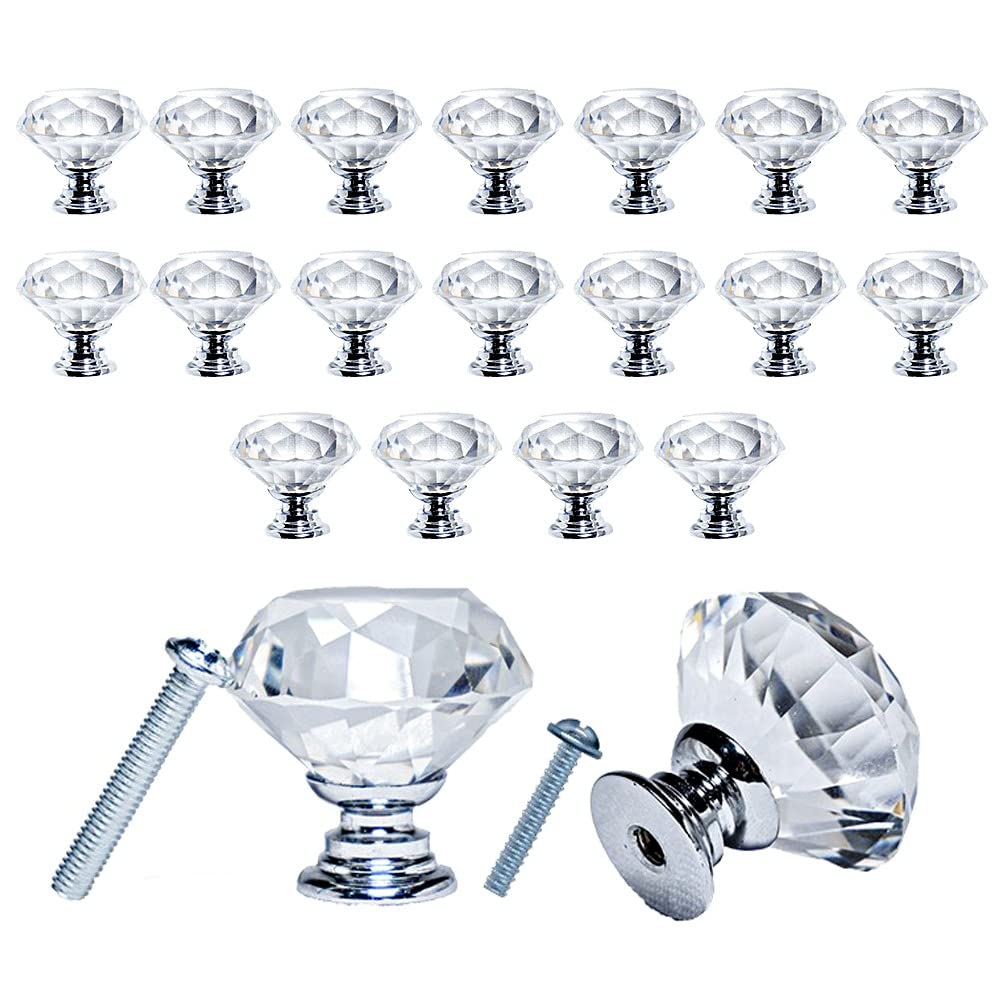 MYA 20Pcs Crystal Door Knobs for Cupboards with 40 Screws of 2 Sizes 25mm, 10mm, Diamond Shape Cabinet Knobs, Pull Handle with Screw, Drawer knobs, Dresser, Chest Canister Drawer Handles (Diamond) — image 1