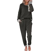 Ekouaer Pajamas Women's Long Sleeve Pj Set Soft 2 Piece Lounge Sets | Jogger Pants, Adjustable Strap, with Pockets, Striped print, for Pjs Party, Maternity, Plus Size