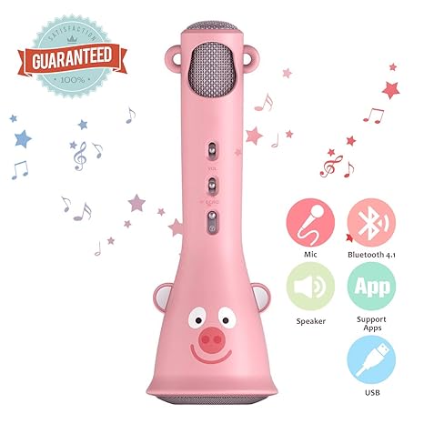 bluetooth Karaoke Mikrofon,NASUM tragbare drahtlose Mikrofon für Kinder, für iOS/Android, PC/Smartphone, mit 3.5mm & USB Kabel, Geschenk für Jungen und Mädchen (Pink) (Pink)