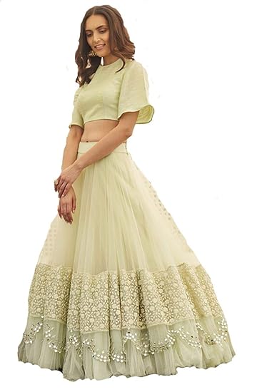 Womens Net Ruffle Lehenga Choli (Pastel Green, Free Size)