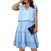 Eytino Womens Plus Size Sleeveless V Neck Drawstring Ruffle Tiered Chiffon Mini Short Dresses,(1X-5X)