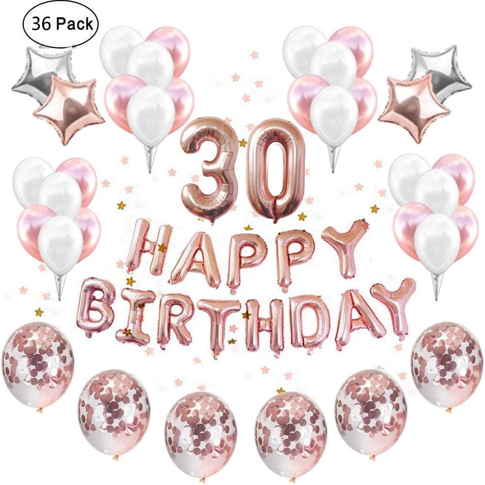 IEONGI Rose Gold 30th Birthday Party Balloons Decoration, Set 12 inch Confetti Birthday Decor Supplies Party Kit HAPPY BIRTHDAY Banner Rose Gold 6 Pcs Confetti Balloons Set Star (With Ribbon)