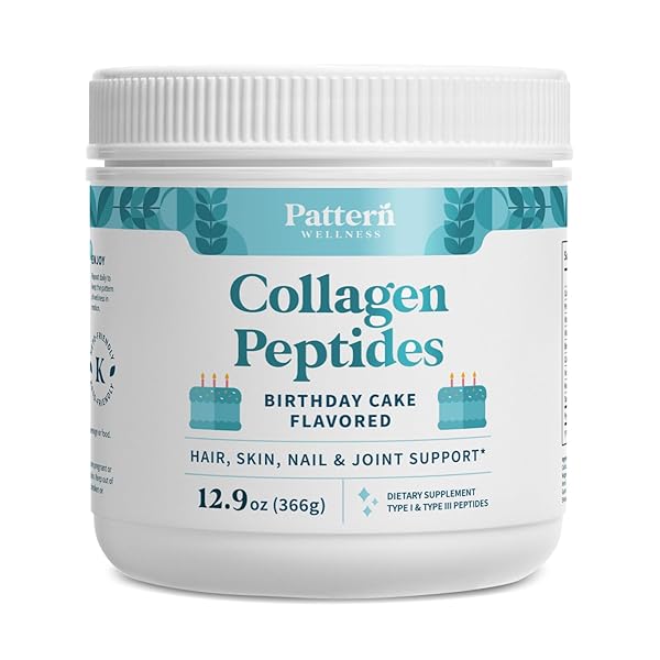 PATTERN WELLNESS COLLAGEN PEPTIDES POWDER (TYPE I & III) – HAIR, NAILS, SKIN AND JOINT HEALTH – GRASS FED & PASTURE RAISED – HYDROLYZED COLLAGEN, NON-GMO, DAIRY FREE, & KETO – BIRTHDAY CAKE (13 OZ)