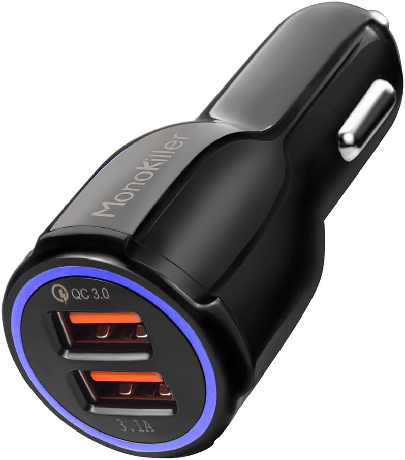 Dual USB Car Charger, Monokiller Quick Charge 3.0 + 2.4A Smart IC Portable Cell Phone Car Charger Adapter for Any iOS or Android Devices: Samsung Galaxy, HTC, LG and More. Cellphone Car Adapter.