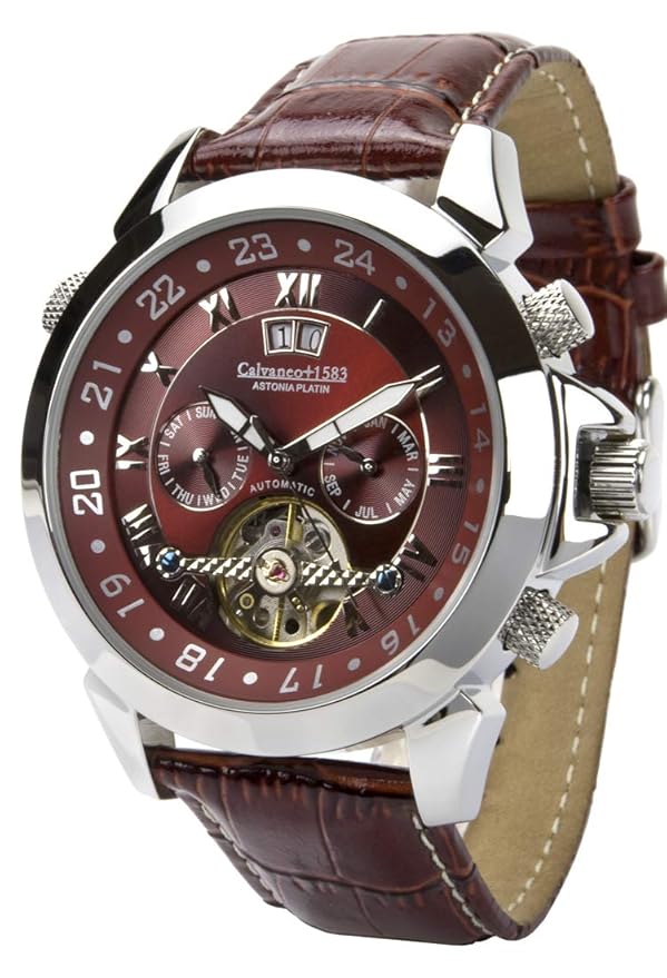 Calvaneo 1583 Astonia 'Platin Cognac' Platinierte Kalender Automatikuhr