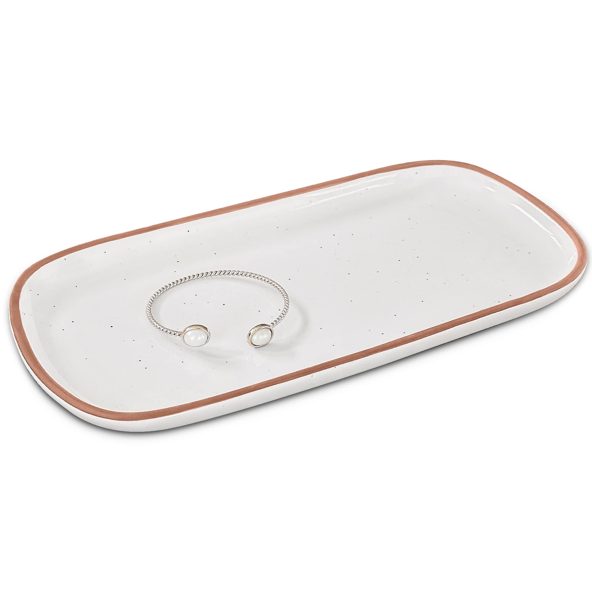 Photo 1 of Mora Ceramic Decorative Tray - Rectangle 10in Dish for Jewelry, Soap Dispenser, Perfume, Makeup, Accessories, Candle, in The Bathroom Vanity, Bedside, or Kitchen Counter. Cute Organizers - White