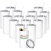 YOUKE OLA 16 Pack Sublimation Tumblers Blanks Bulk Sublimation Cups Skinny Straight Tumbler Stainless Steel Double Wall Insulated Water Bottles with Lid & Straw for DIY Gift, 12oz White