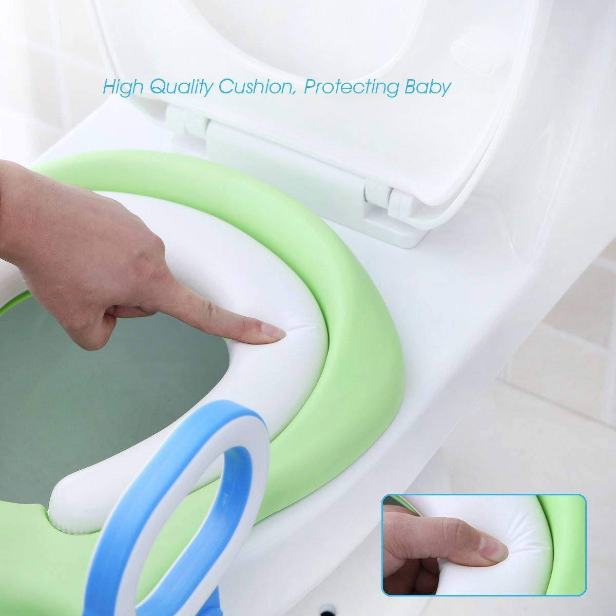 Mangohood Potty Training Toilet Seat with Step Stool Ladder for Boys and Girls Baby Toddler Kid Children Toilet Training Seat Chair with Handles Padded Seat Non-Slip Wide Step (Blue Green): Home Improvement