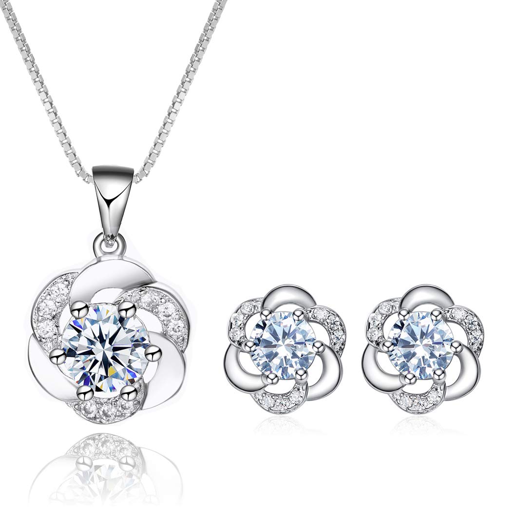 Josfeva Jewellery Sets for Women Girls, 925 Sterling Silver Pendant Necklace & Stud Earrings Sets with White Cubic Zirconia, Flower Jewellery Set Gifts for Birthday Christmas Graduation Valentines