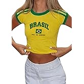 SHENHE Women's Brazil Crop Top Crew Neck Short Sleeve Graphic Tshirt Colorblock Y2K Jersey Shirt