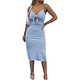 KIFOVEN Women's Tie Knot Cut Out Split Spaghetti Strap Sleeveless Knit Bodycon Midi Dress