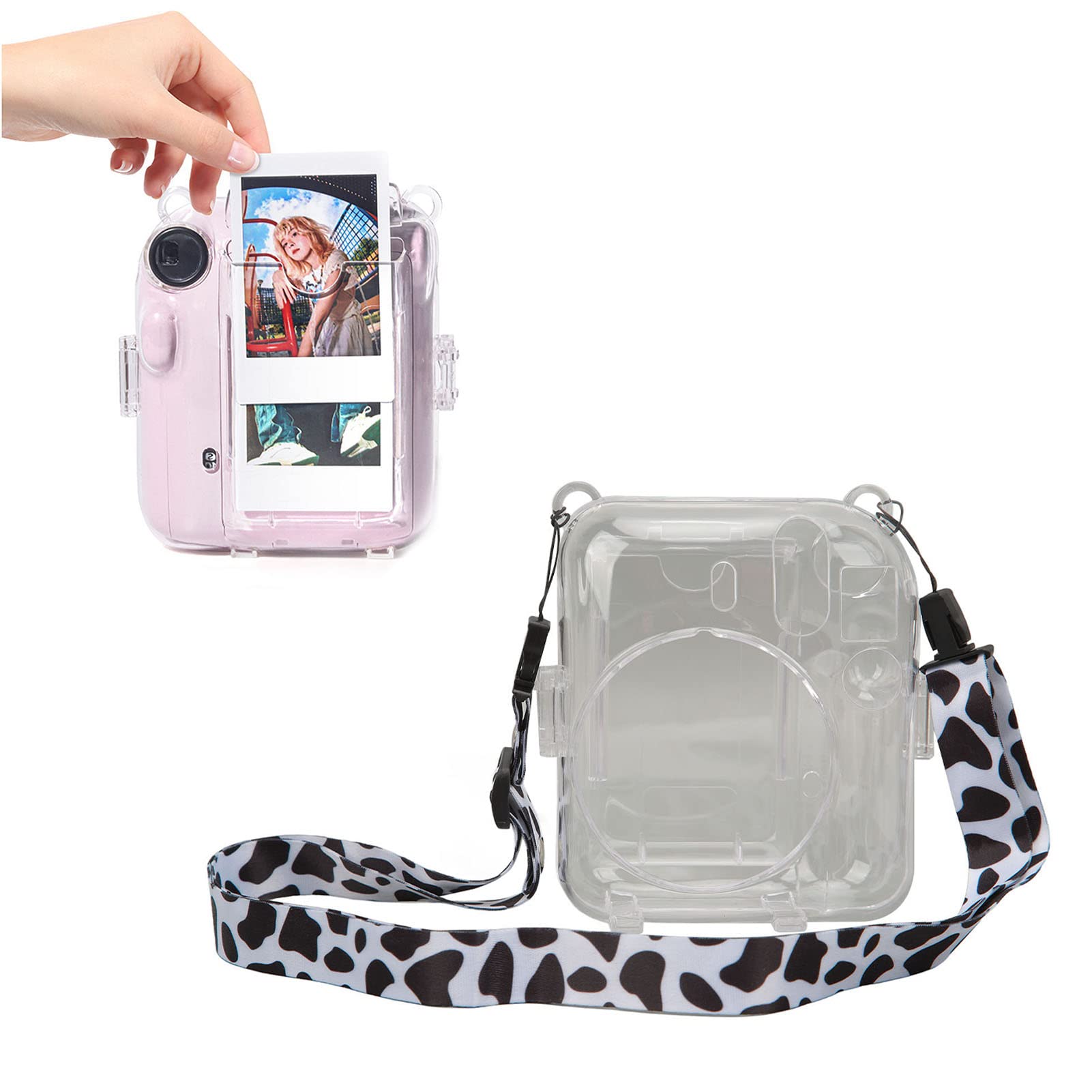 Protective Clear Case for Mini 12, Camera Protective Hard Shell Cover Transparent Instant Camera Case with Adjustable Shoulder Strap Sticker (Cow Pattern)