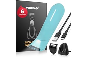 VOUKAD Sensitive Skin Personal Pubic Hair Trimmer for Women and Men, Electric Bikini Trimmer, Waterproof Groin Trimmer for Body Hair, with Light, Travel Size, 6 Precisions, with Charging Dock (Haze Blue)