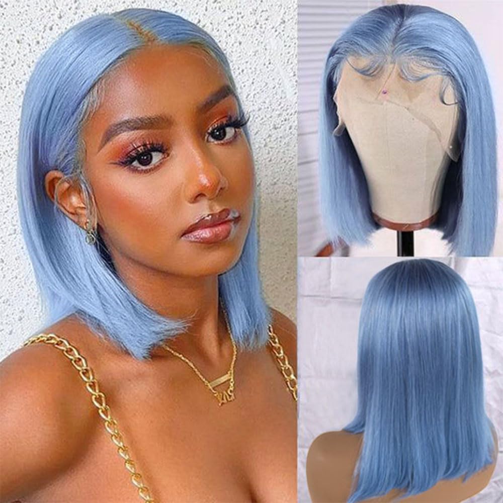 Photo 1 of Smartinnov Light Blue Bob Wig Human Hair for Women 180% Density 12Inch Middle Part Brazilian HD Transparent 13x4 Lace Front Blue Bob Wigs with Baby Hair Glueless Bleached Knots Pre Plucked Wigs