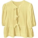 Floerns Women's Linen Casual Blouse Puff Sleeves Tie Front Ruffle Hem Peplum Top