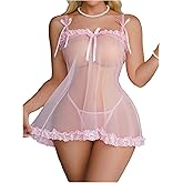 OYOANGLE Women's Lace Sheer Bow Chemise Nightgown and Thongs See Through Lingerie Set