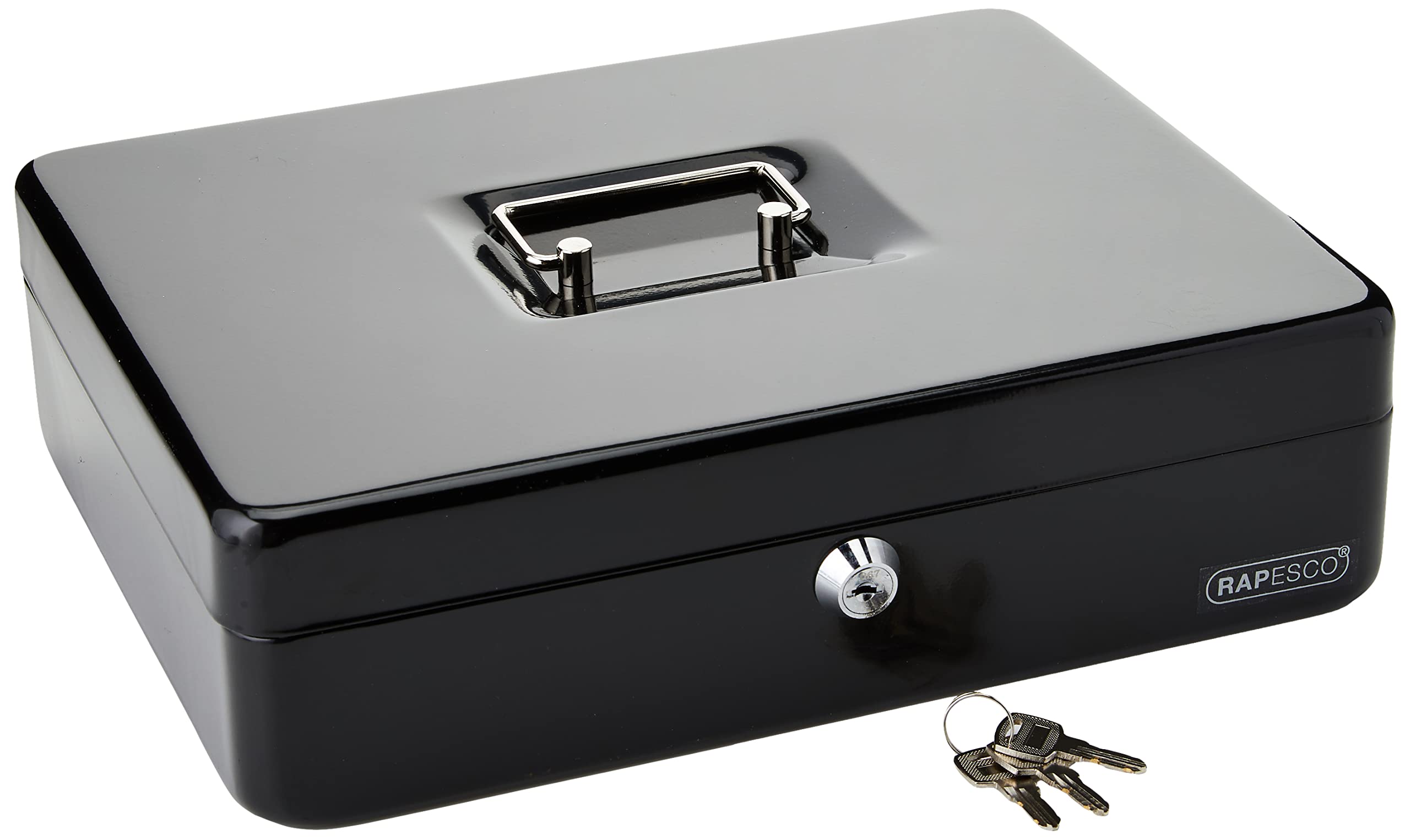 Rapesco SB0012B1 Metal Cash Box with Lock, 3 Keys and Removable Tray, Size 12", Black โ image 1
