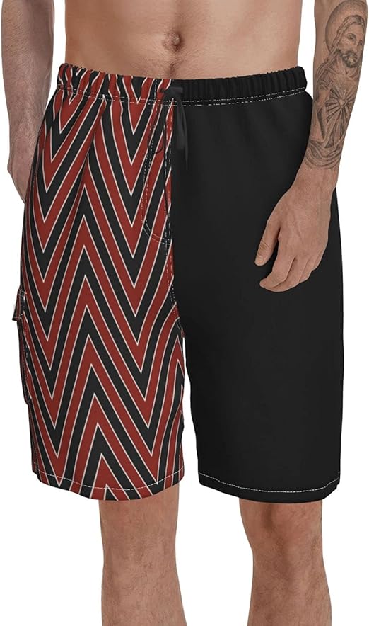 Red Stripes Men's Beach Swim Trunks Athletic Shorts with Side Pockets