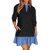 Wenrine Womens Oversized Sweatshirt Dress Casual Long Sleeve Collared V Neck Patchwork Loose Mini Dresses