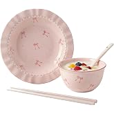 ZZOZPOP Dinnerware Set, Cute Ceramic Plates and Bowls Sets with Spoon, Pink Bow Design Underglaze Tableware for One Person Meal, Ideal for Daily Use, Salad, Ramen, Dessert (Pink)