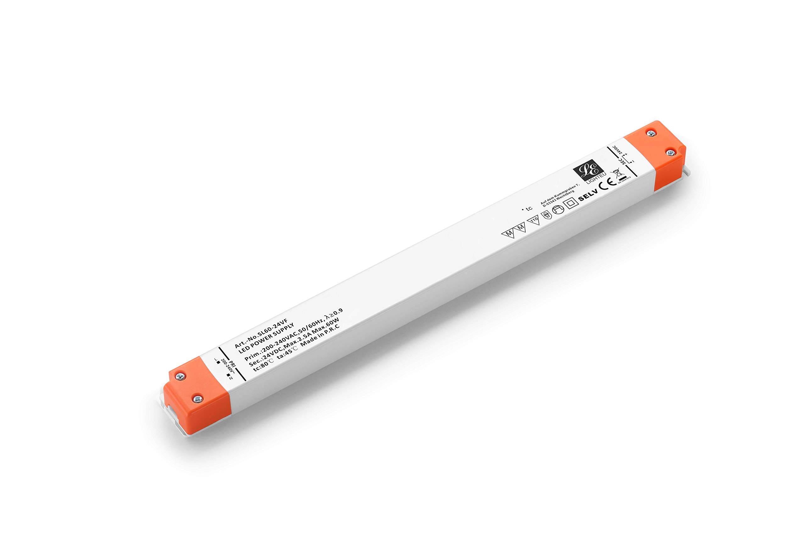 LIGHTEU, Ultra Slim Transformer LED Power Supply - 60W, 24V DC, 2.5A - Constant Voltage for LED Strip Aluminium Profiles and LED Panel Frames 304.6 * 30 * 16.7mm